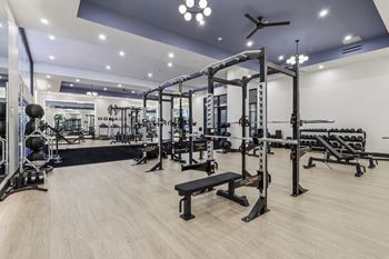 A gym with a variety of equipment including a squat rack, bench, and weights. at LiveWell Apartments, Pennsylvania, 15222